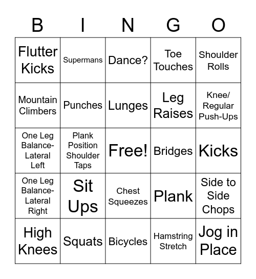 Fitness Bingo Card