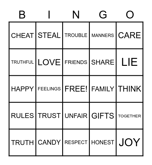 Honesty Bingo Card