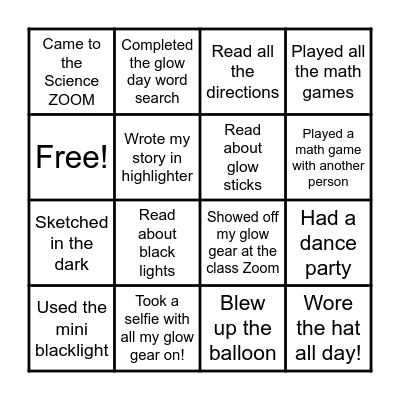 Glow Day Bingo Card