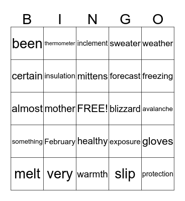 Winter Weather Bingo for Books Bingo Card