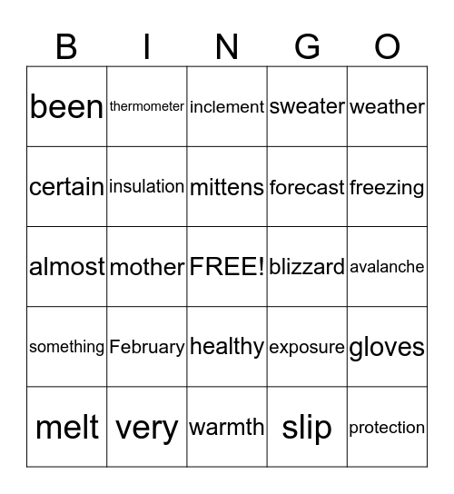 Winter Weather Bingo for Books Bingo Card