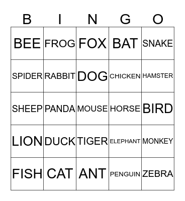 Animal Bingo Card