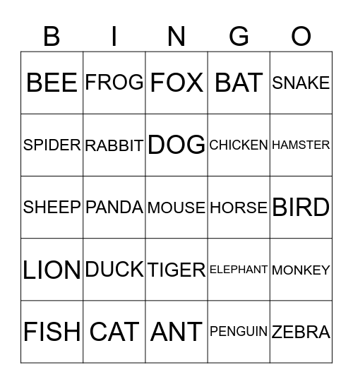 Animal Bingo Card