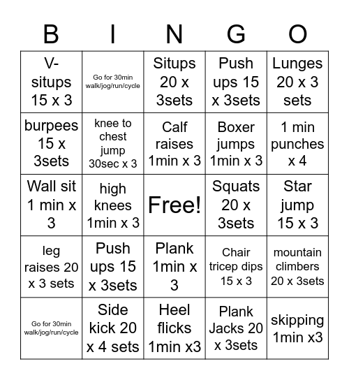 February indoor fitness Bingo Card