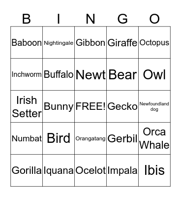 Animal Bingo Card