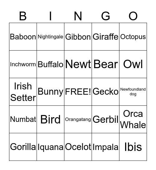 Animal Bingo Card