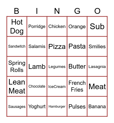 Food Bingo Card