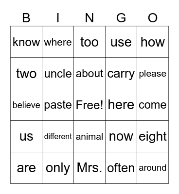 Sight Word Bingo Card