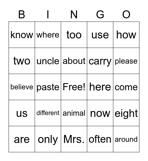 Sight Word Bingo Card