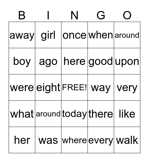 Sight Words Bingo Card