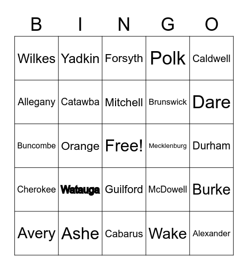 NC Counties Bingo Card