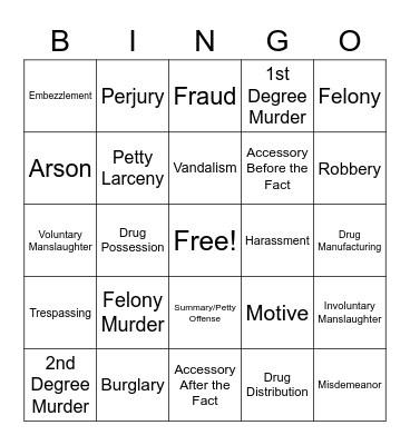 Criminal Law Vocabulary Bingo Card