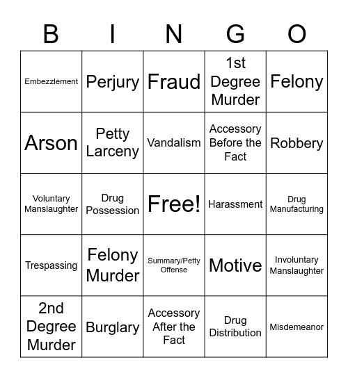Criminal Law Vocabulary Bingo Card
