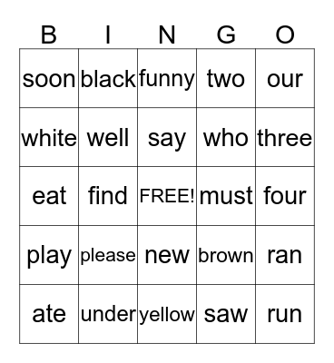 Pre-primer/Primer Bingo Card