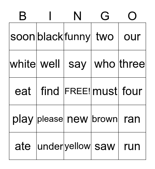 Pre-primer/Primer Bingo Card