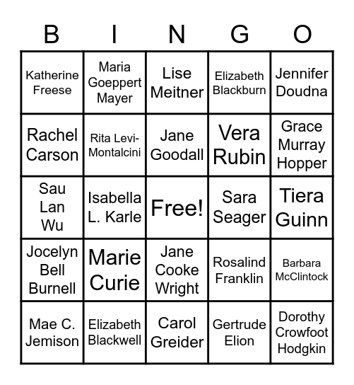 Women and Girls of Science Bingo Card