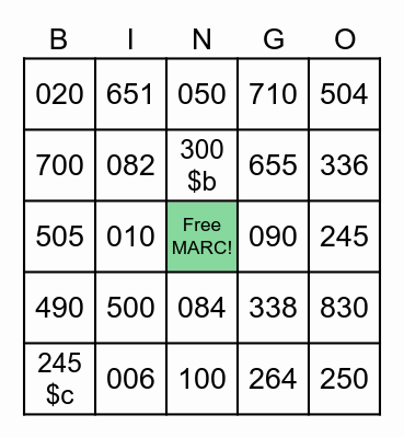 MARC Fields Bingo Card