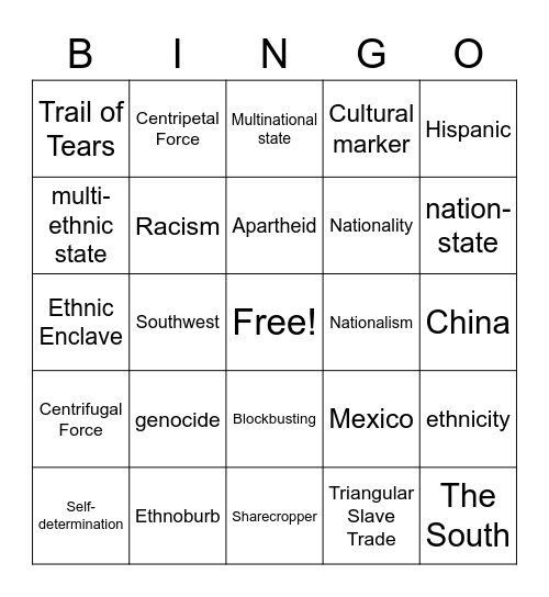 Ethnicity Bingo Card