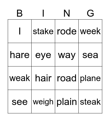 Homophones Bingo Card