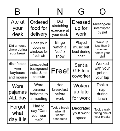 WORK AT HOME Bingo Card