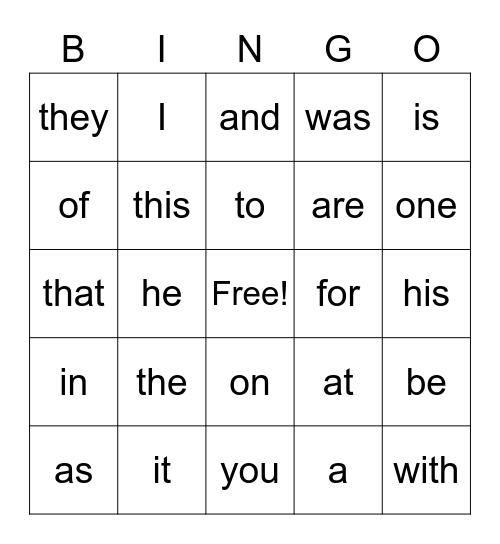 1st Grade High Frequency Words Bingo Card