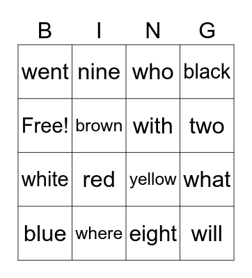 Sight Words Bingo Card