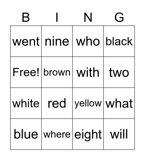 Sight Words Bingo Card
