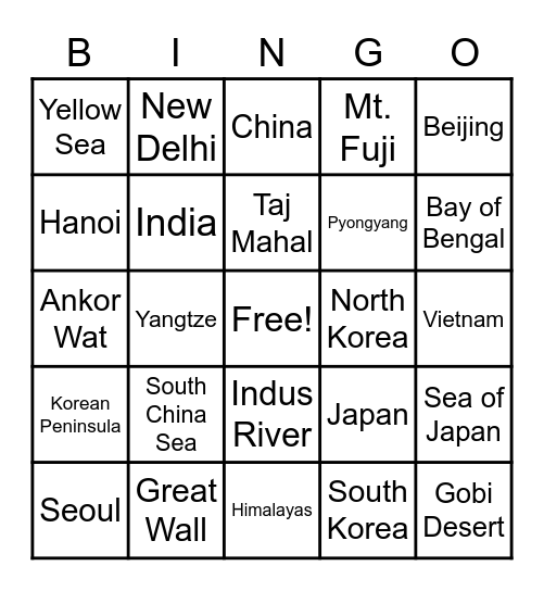 Southern and Eastern Asia Geography Review Bingo Card