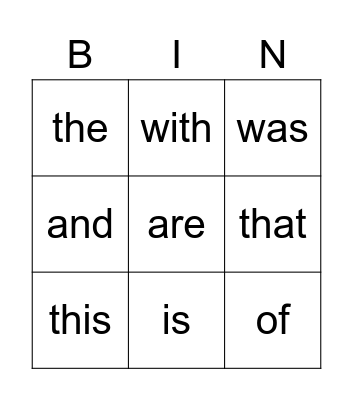 Sight Words A Bingo Card