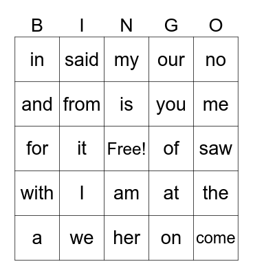 Club 22 Sight Words Bingo Card