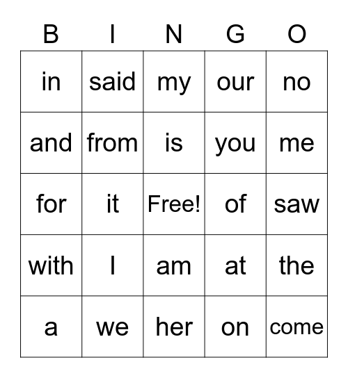 Club 22 Sight Words Bingo Card