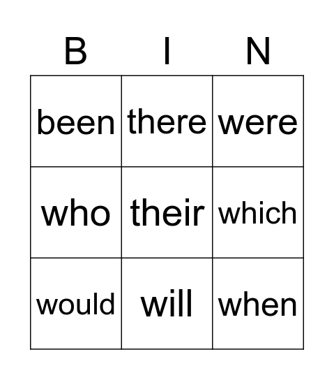 Sight Words B Bingo Card