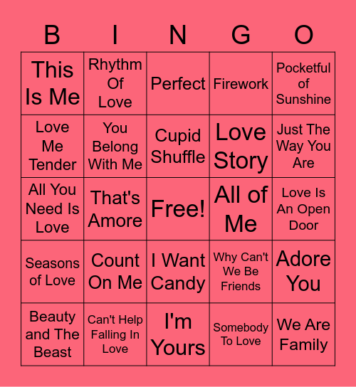 Valentine's Themed Music Bingo Card