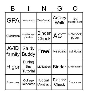 AVID Bingo Card