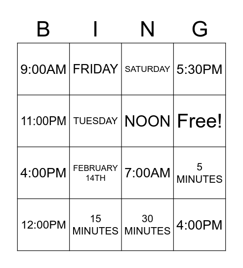 TELLING TIME Bingo Card