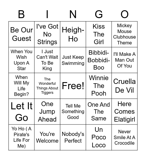 Disney Hits Bingo Card