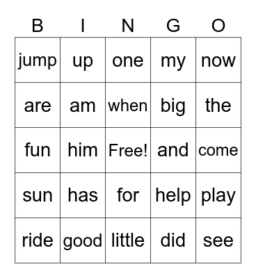 Sight Words Bingo Card