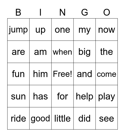 Sight Words Bingo Card