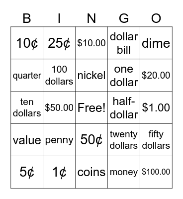 Money Words Bingo Card