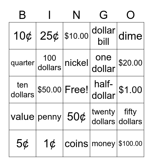 Money Words Bingo Card