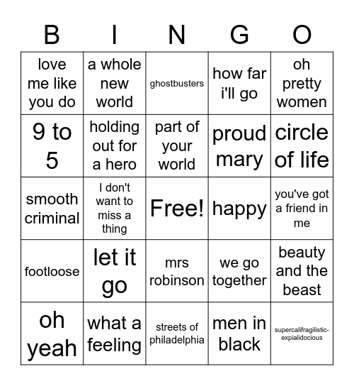 songs from the movies Bingo Card