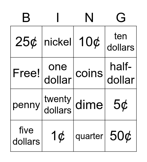 Money Words - Basic Bingo Card