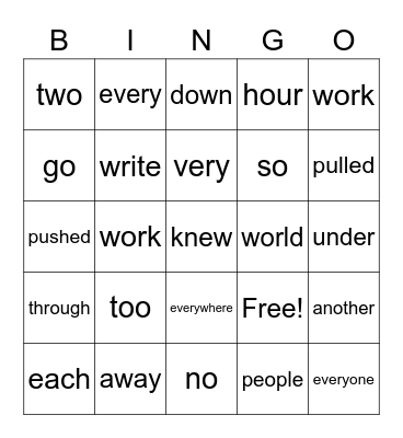 Sight Words Bingo Card