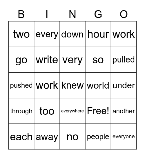 Sight Words Bingo Card