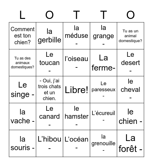 les animaux Bingo Card