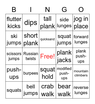 Fun Fitness Bingo Card