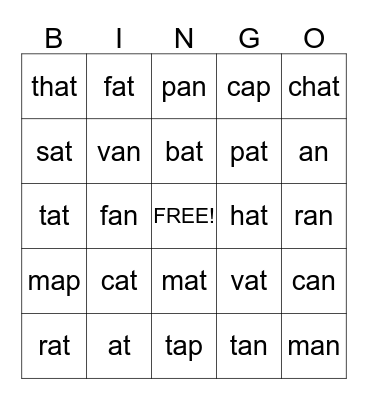 Word Family Bingo Card