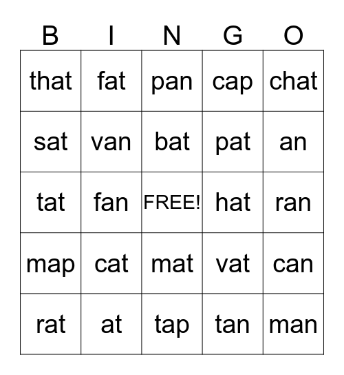 Word Family Bingo Card