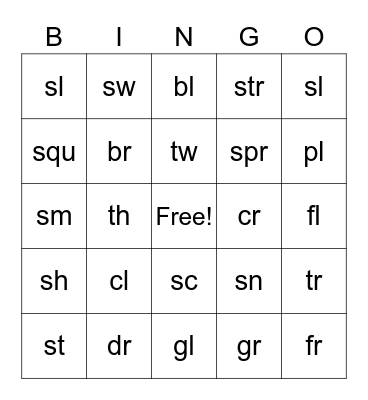 Digraphs & Clusters Bingo Card