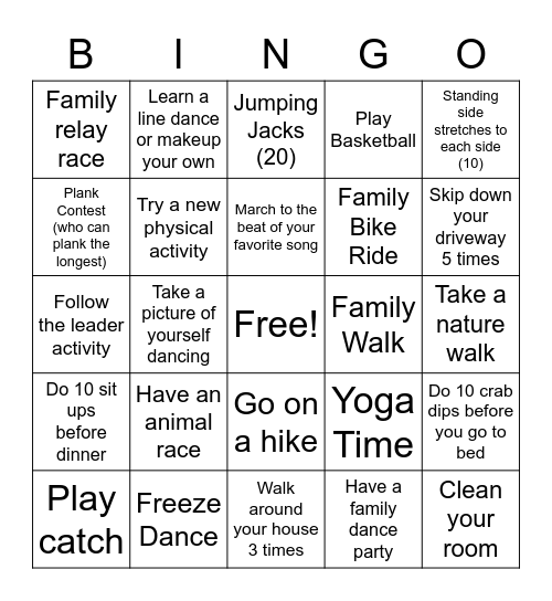 JCC Family Fitness Challenge Bingo Card